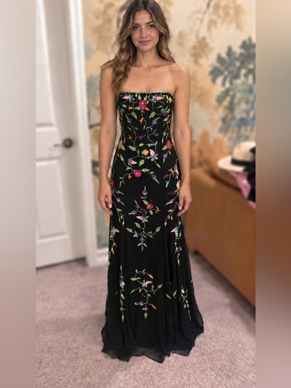Vintage Sean Couture Silk Hand Embroidered Floral Strapless Maxi Dress XS